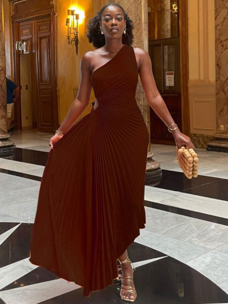 'Lady Roll' Sleeveless Pleated Ruched A-line Dress One Shoulder