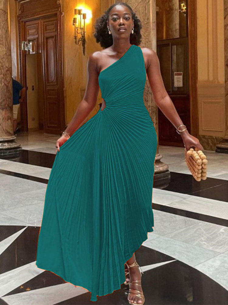 'Lady Roll' Sleeveless Pleated Ruched A-line Dress One Shoulder