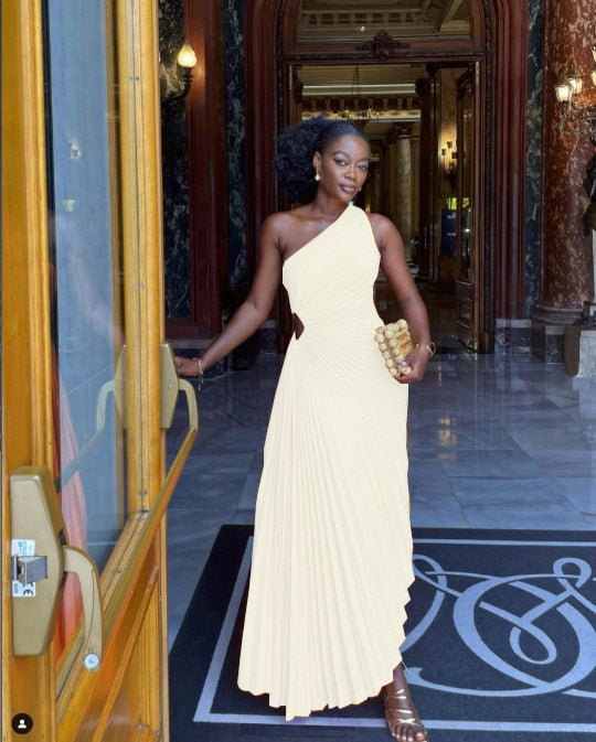'Lady Roll' Sleeveless Pleated Ruched A-line Dress One Shoulder