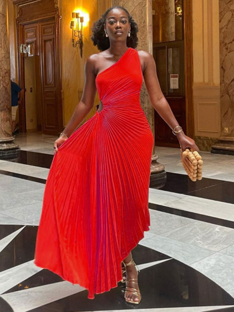 'Lady Roll' Sleeveless Pleated Ruched A-line Dress One Shoulder