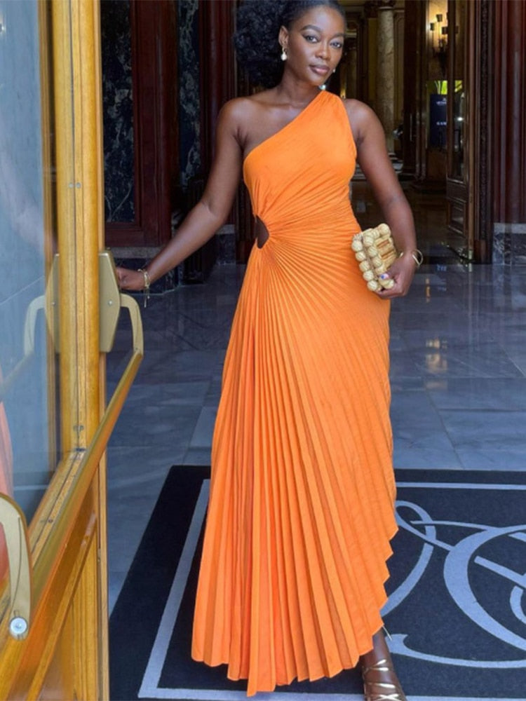 'Lady Roll' Sleeveless Pleated Ruched A-line Dress One Shoulder