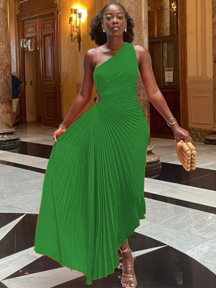 'Lady Roll' Sleeveless Pleated Ruched A-line Dress One Shoulder