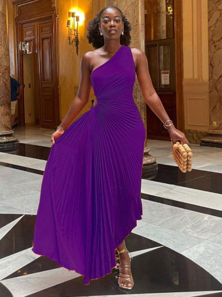 'Lady Roll' Sleeveless Pleated Ruched A-line Dress One Shoulder