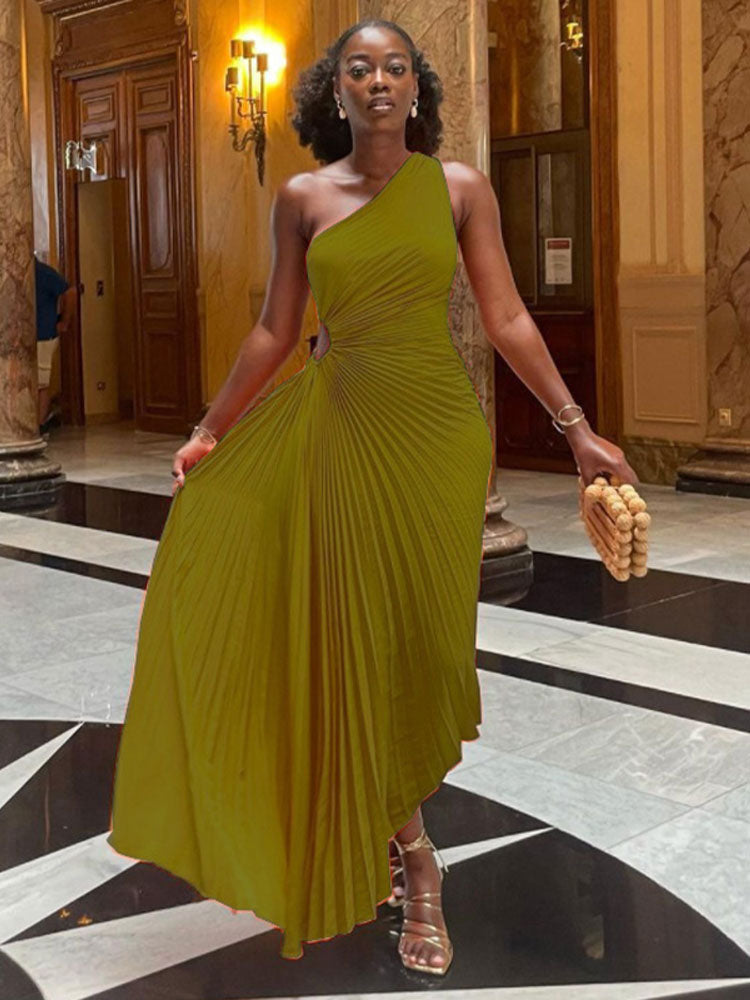 'Lady Roll' Sleeveless Pleated Ruched A-line Dress One Shoulder
