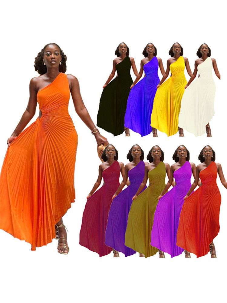 'Lady Roll' Sleeveless Pleated Ruched A-line Dress One Shoulder