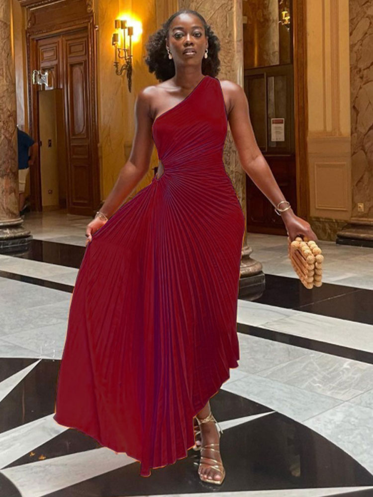 'Lady Roll' Sleeveless Pleated Ruched A-line Dress One Shoulder