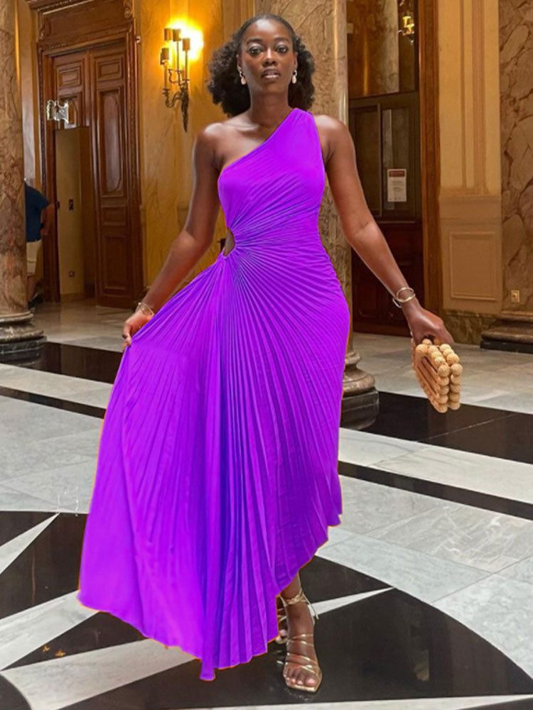 'Lady Roll' Sleeveless Pleated Ruched A-line Dress One Shoulder