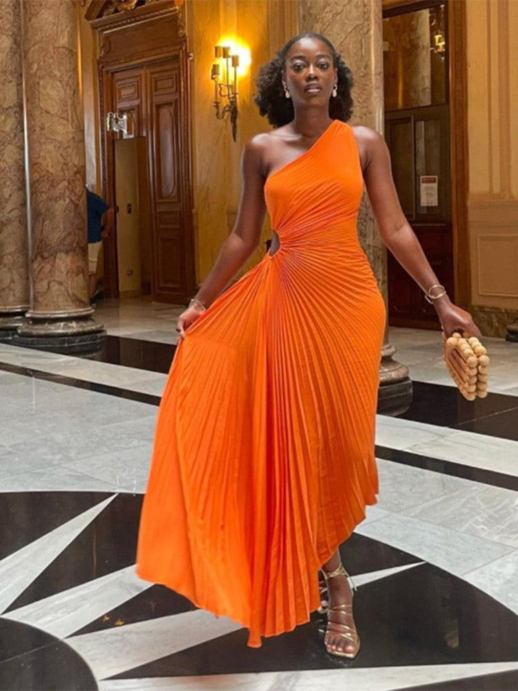 'Lady Roll' Sleeveless Pleated Ruched A-line Dress One Shoulder