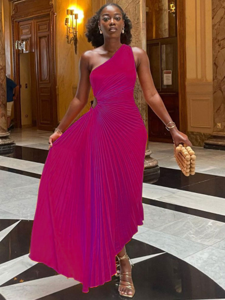 'Lady Roll' Sleeveless Pleated Ruched A-line Dress One Shoulder