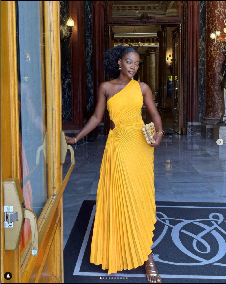 'Lady Roll' Sleeveless Pleated Ruched A-line Dress One Shoulder